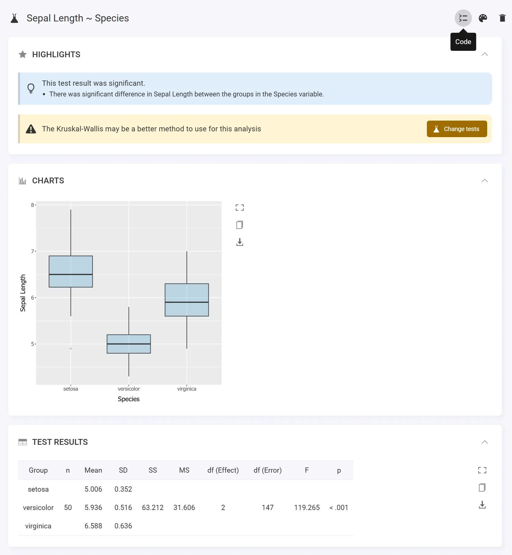 The analysis results screen. This page has various information about an analysis; some highlights summarising the main findings of 